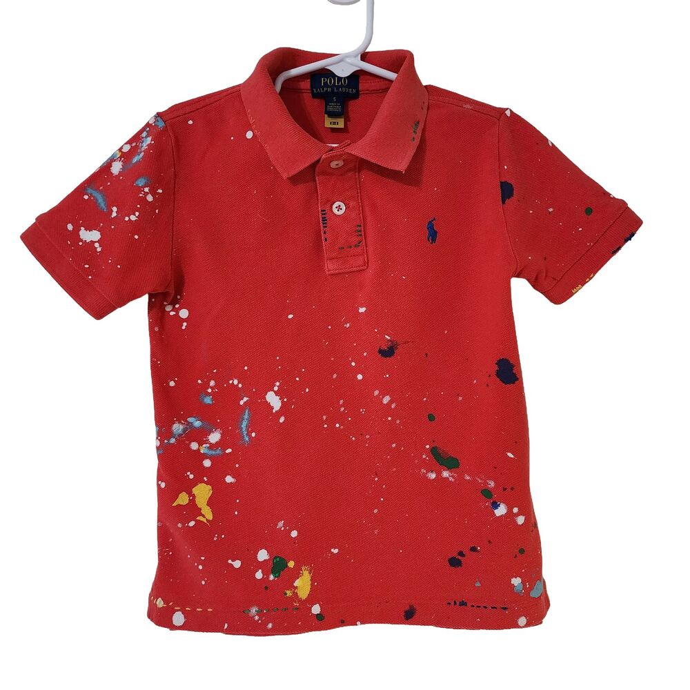 Polo Ralph Lauren Boys Size 5 Red Paint Splatter Cotton Polo Shirt Short Sleeve
